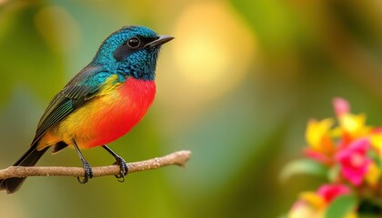A vibrant bird perched on a branch amidst colorful flowers.