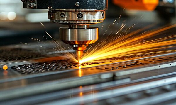 A laser cutting machine creating sparks while processing metal material.