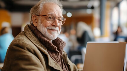 Fototapeta premium A senior man with glasses and a beard smiles as he sits in a cafe.