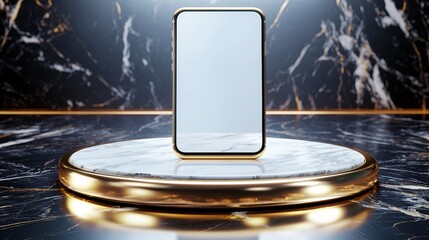 Ultra-modern smartphone floating in soft spotlight, surrounded by minimalist gold accents, sleek black marble background, luxury tech vibe
