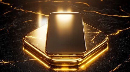 Ultra-modern smartphone floating in soft spotlight, surrounded by minimalist gold accents, sleek black marble background, luxury tech vibe