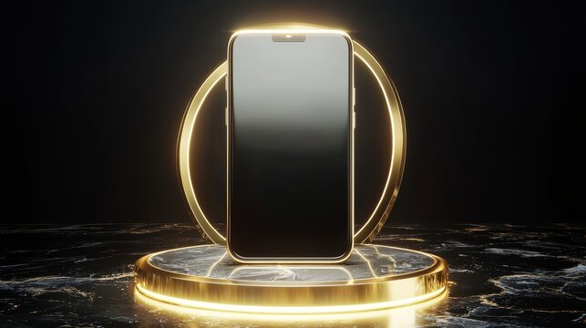 Ultra-modern smartphone floating in soft spotlight, surrounded by minimalist gold accents, sleek black marble background, luxury tech vibe