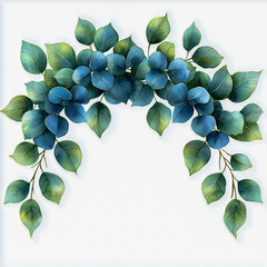 Elegant watercolor floral illustration with blue leaves and green accents for decorative border design