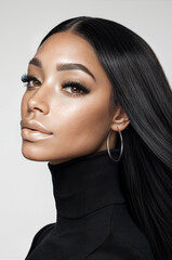 Fototapeta premium African American Model Black Model Wearing Straight Brazilian Wig Earrings and Lash Extensions Studio Shot Straight Hair Bundles Straight Hair Extensions