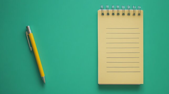 A yellow pen and a lined notepad on a green background.