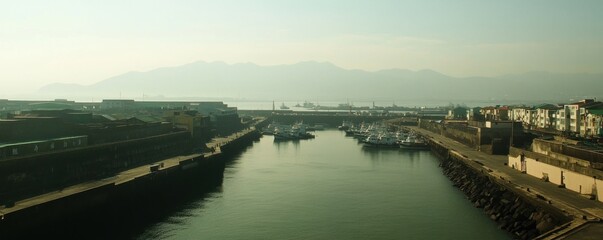 Obraz premium A serene view of a harbor with boats and mountains in the background.