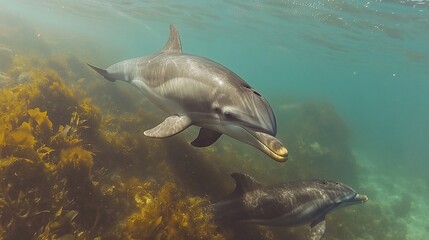 Fototapeta premium Underwater dolphins swimming near kelp forest.