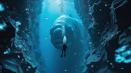 Fototapeta premium A Lone Diver in the Icy Depths of the Dark Blue Se