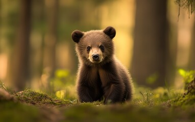 Obraz premium A young brown bear cub in the forest
