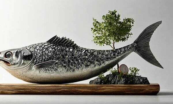 A decorative fish sculpture with intricate detailing and a small tree on a wooden base.