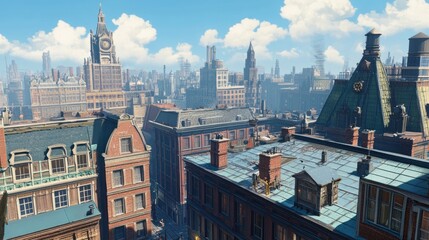 Obraz premium High-angle view of a cityscape with various buildings, rooftops, and a clock tower under a partly cloudy sky.