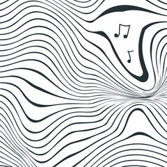 Striped texture or zebra and musical notes symbols between the lines. Art on the theme of melodies, music and compositional creativity.