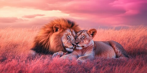 Majestic lion and lioness couple cuddling in sunset savanna.