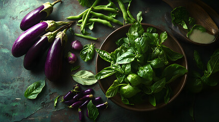 Fresh Thai Basil and Purple Eggplant Arrangement
