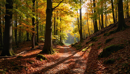 Obraz premium Autumn forest path with sunlight filtering through trees