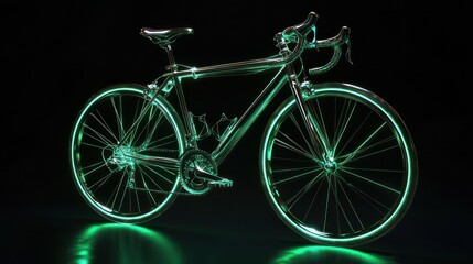 Fototapeta premium 3D holographic bicycle, green and silver glow, high detail, black background,
