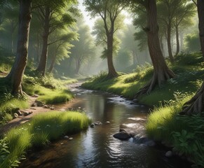 Obraz premium A tranquil forest glade with a winding stream, natural surroundings, quiet pool