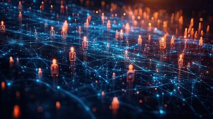 An abstract blue background with icons of people connected by lines represents social networks and online communication