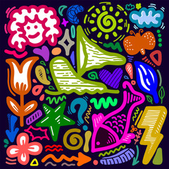 Naive cute abstract shapes sticker pack. Fun funky flowers, bubbles, stars, circles, in trendy retro 90s cartoon style