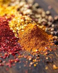 A vibrant assortment of colorful spices arranged on a wooden surface.