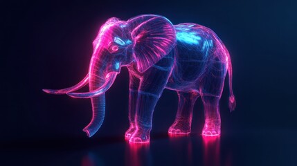 3D holographic elephant, glowing tusks, neon highlights, black isolated background