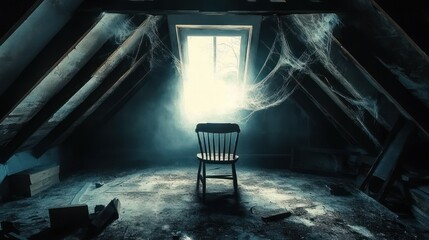 Haunting Attic Interior with Wooden Chair Cobwebs and Soft Light in Abandoned Cabin