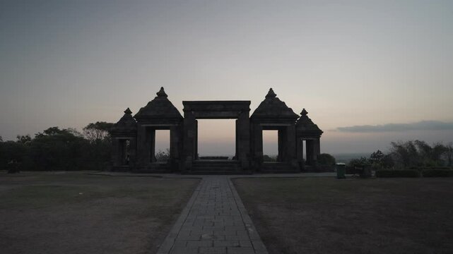 Yogyakarta, Indonesia - Candi Ratu Boko Palace archaeological site in Java. South of Prambanan temple complex during Sunset