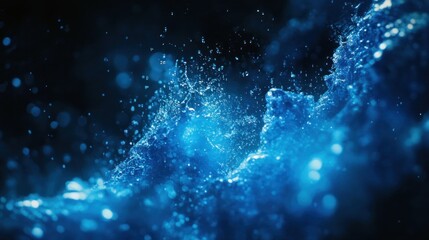 Bright blue water splash, dark background, frozen in mid-air, soft lighting