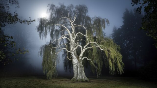 Ethereal willow tree illuminated in misty night