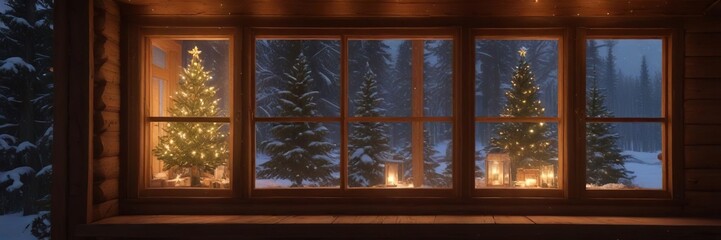 A warm glow emanates from a wooden cabin's interior as snowflakes gently fall outside, with Christmas tree lights reflected in the window's glass , window reflection, cozy atmosphere, winter scene