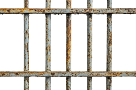 Rusty prison bars against a white background, cut out - stock png.