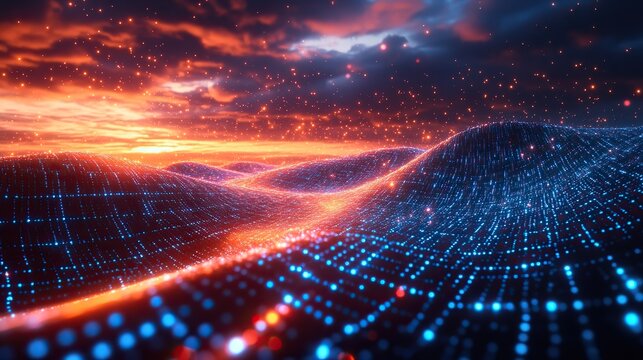 An abstract digital technology background with glowing blue hexagons and binary code, symbolizing global network connectivity