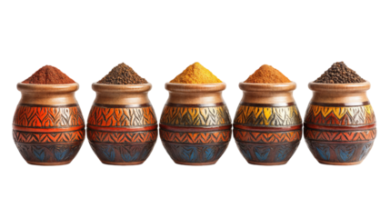 Colorful Spice Pots Filled With Various Spices Arranged in a Line on a White Background