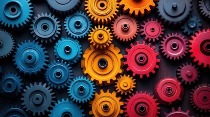 An abstract geometric pattern of gears and wheels creates a colorful background