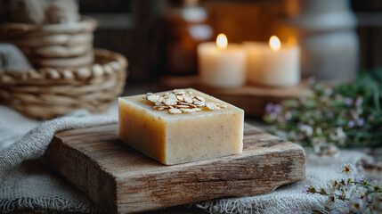 A soothing oatmeal and honey soap bar accompa