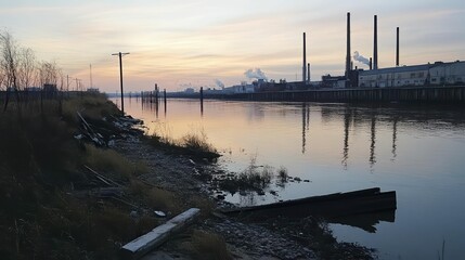 Obraz premium Serene riverside view with industrial backdrop at sunset.
