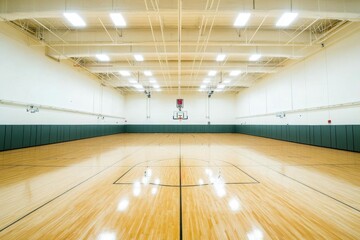 Naklejka premium A spacious indoor basketball court with polished wooden flooring.