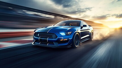 Naklejka premium Blue sports car accelerating on a racetrack at sunset.