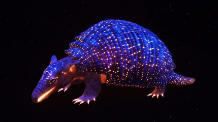 3D holographic armadillo, glowing shell details, black background" 