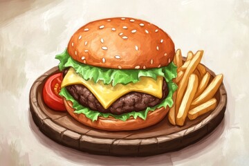 A delicious cheeseburger with lettuce, tomato, and fries on a wooden plate.