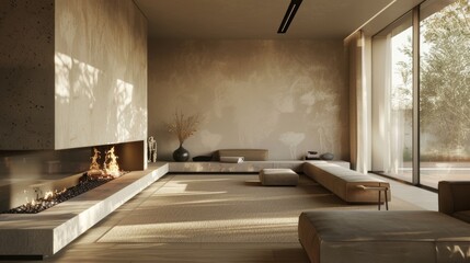 A minimalist fireplace with a builtin bench extends seamlessly from one wall its simple design and neutral color palette adding a cozy and inviting touch to the room. 2d flat cartoon.