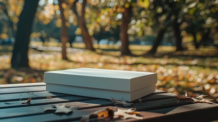 Mockup of Christmas gift boxes placed on a table outside in the park on a sunny day with copy space.