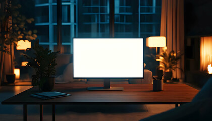 A dimly lit living room with a blank monitor on a wooden table.