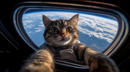 Tabby cat astronaut taking a selfie in zero-gravity spacecraft, wearing custom-fitted space suit, reflection of Earth in helmet visor