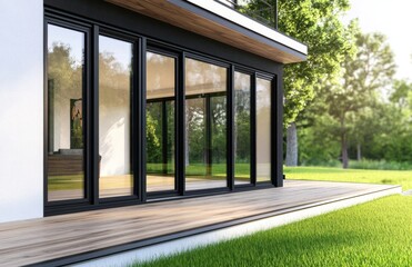 Modern house with large glass sliding doors opening to a wooden deck and green lawn.