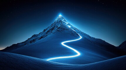 [Surreal Snow-Covered Mountain Night Scene] Adventure Beckons: Majestic Mountain Peak Under Starry Night Sky with Glowing Path