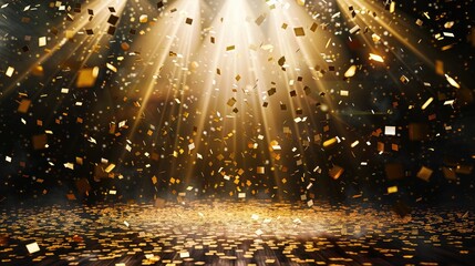 Golden confetti rain on a festive stage with a beam of light in the center. A mock nighttime spare room with copy space for award ceremonies, anniversaries, New Year's parties.