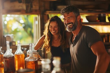 A joyful couple enjoys making traditional mead at home while sharing drinks, surrounded by bottles. Their laughter and warmth create a cozy atmosphere in the rustic setting.