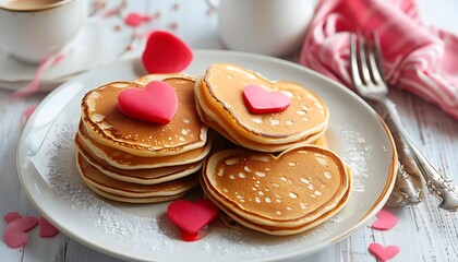 romantic breakfast with pancakes shaped like hearts