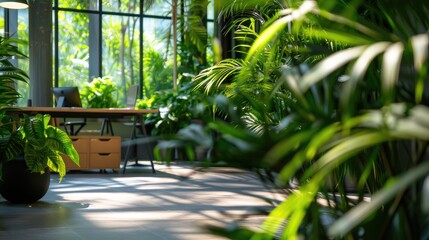 Fototapeta premium Office with lush green trees Sustainable and nature-friendly corporate environment Workspaces for business efficiency and employee well-being Environmental responsibility